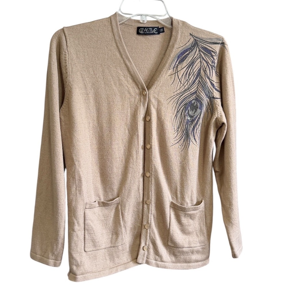 Castle of Ireland Beige Wool Blend Peacock Feather Sequin Cardigan Sweater Sz 12